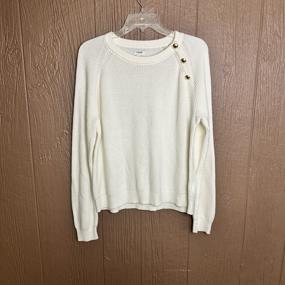 J Crew Tight Knit Sweater Ivory Crewneck Button Detail Size L Pullover Winter‎